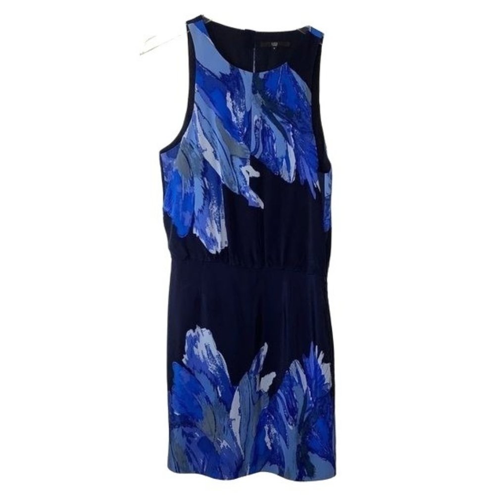TIBI Navy Floral 100% Silk Printed Keyhole Dress Size 8